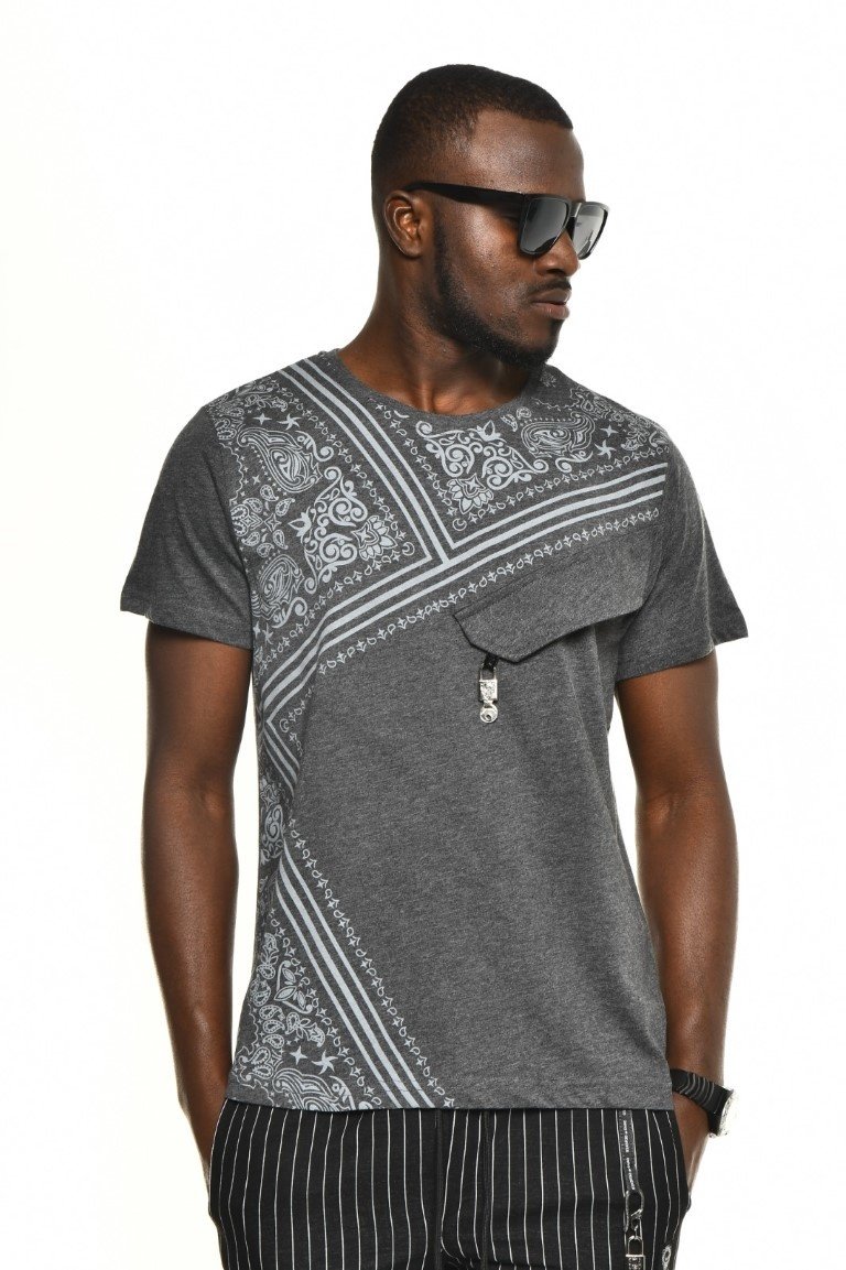 Antraciet T-shirt met Subtiel Dessin en Zakdetail voor Heren