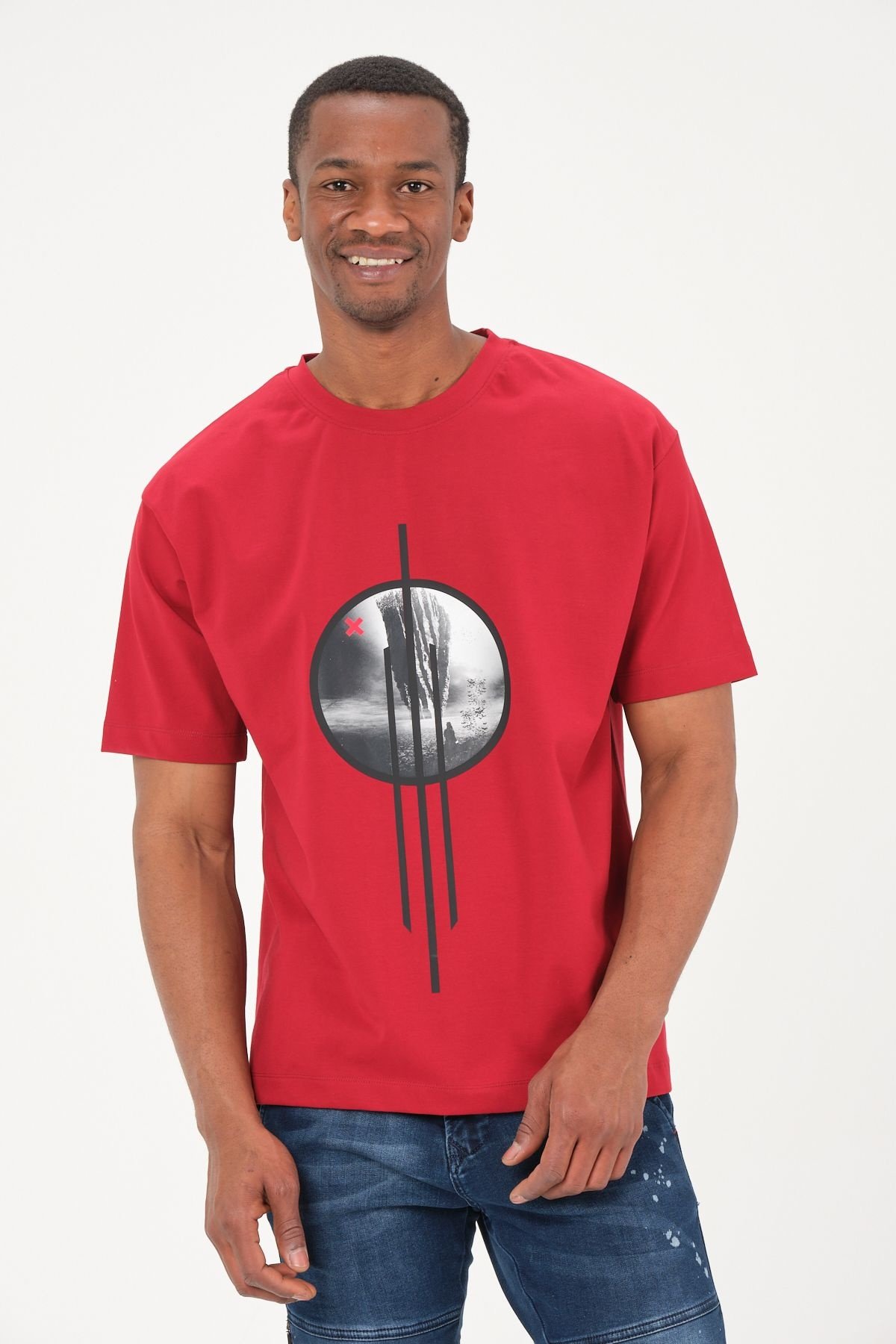 Rood heren T-shirt met unieke cirkelprint
