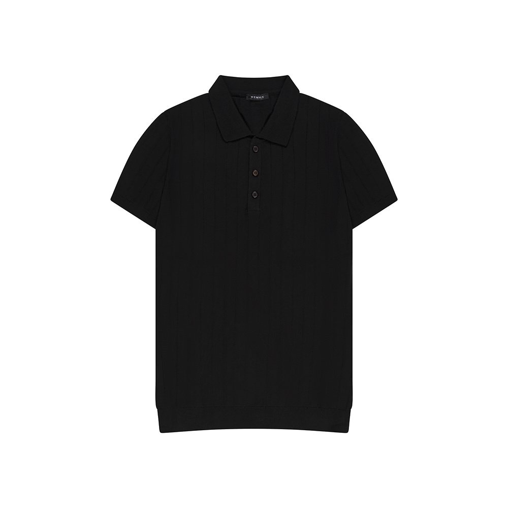 Slim Fit Polo T-shirt Zwart met Verticale Strepen en Korte Mouwen