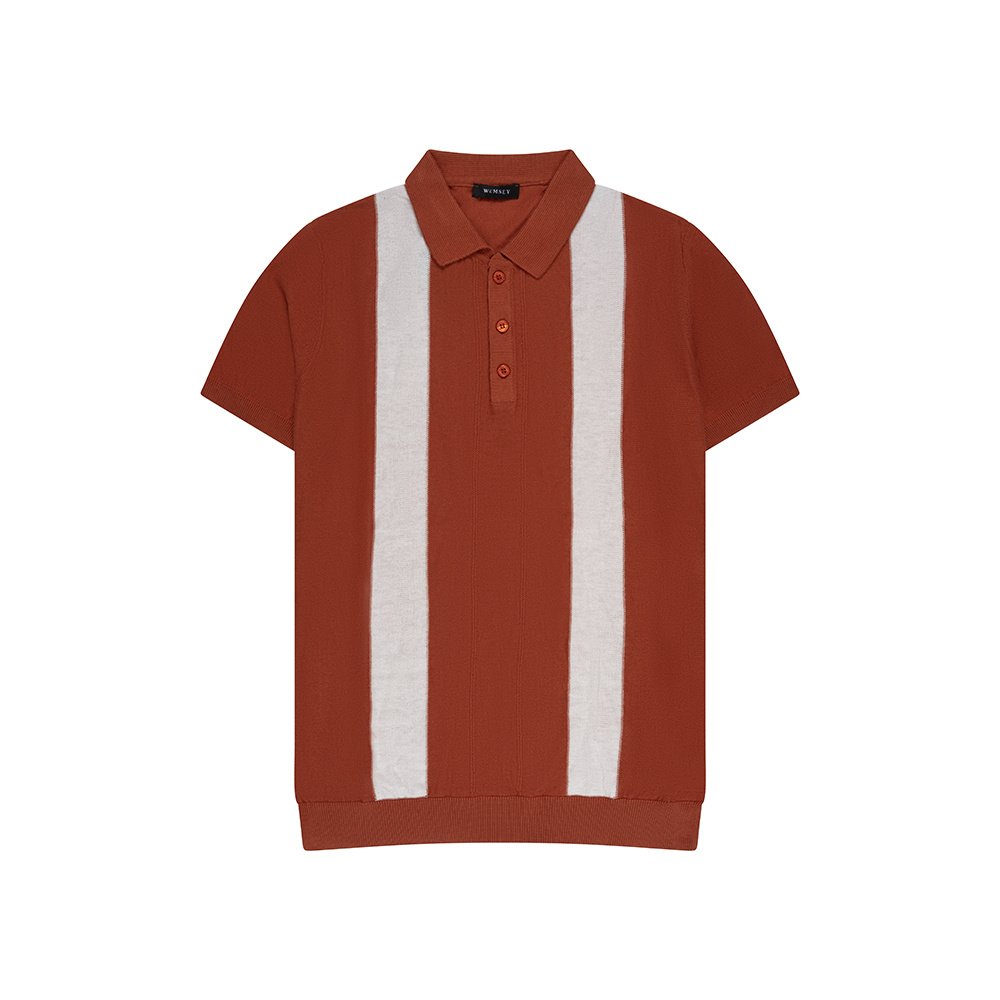 Slim Fit T-shirt Oranje met Verticale Strepen en Knoopsluiting