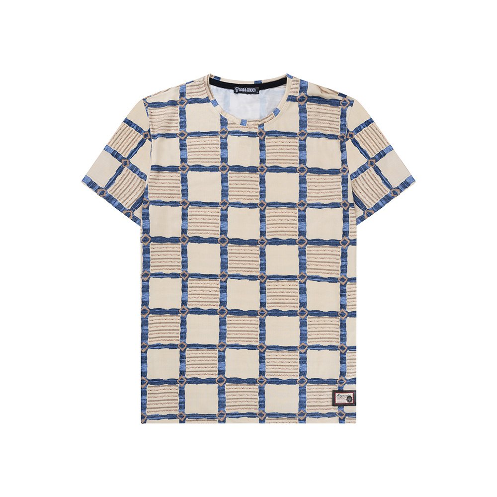 T-shirt met vierkant dessin in beige en blauw